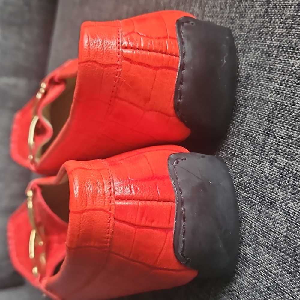 Red Stuart Weitzman patent Cocodrile  leather loafers With Gold  Trim - Picture 8 of 9